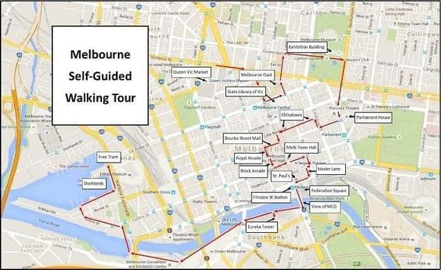 Mapa de passeios a pé por Melbourne